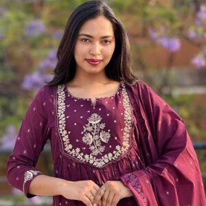 Artling Studio Women's Cotton Embroidery Anarkali Kurti and Pant with Dupatta Set