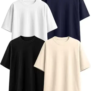 Veirdo® 100% Pure Cotton Oversized Loose Fit Half Sleeve Solid Core Round Neck Multicolor T-Shirt Combo for Men & Boys (Pack of 4)